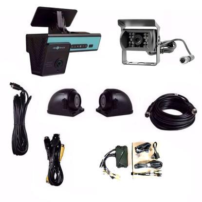 Picture of VEDR Side and Rear Kit.  Kit includes Power Box Max, 2 Side Cameras, 1 Rear Camera, Video Input Cable and 3 cable extensions.