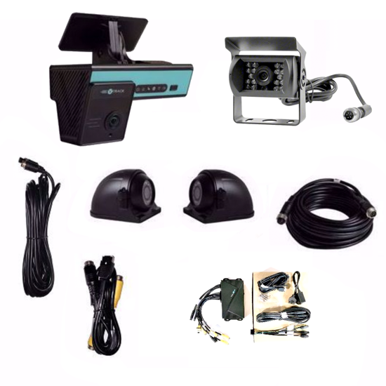 Picture of VEDR Side and Rear Kit.  Kit includes Power Box Max, 2 Side Cameras, 1 Rear Camera, Video Input Cable and 3 cable extensions.